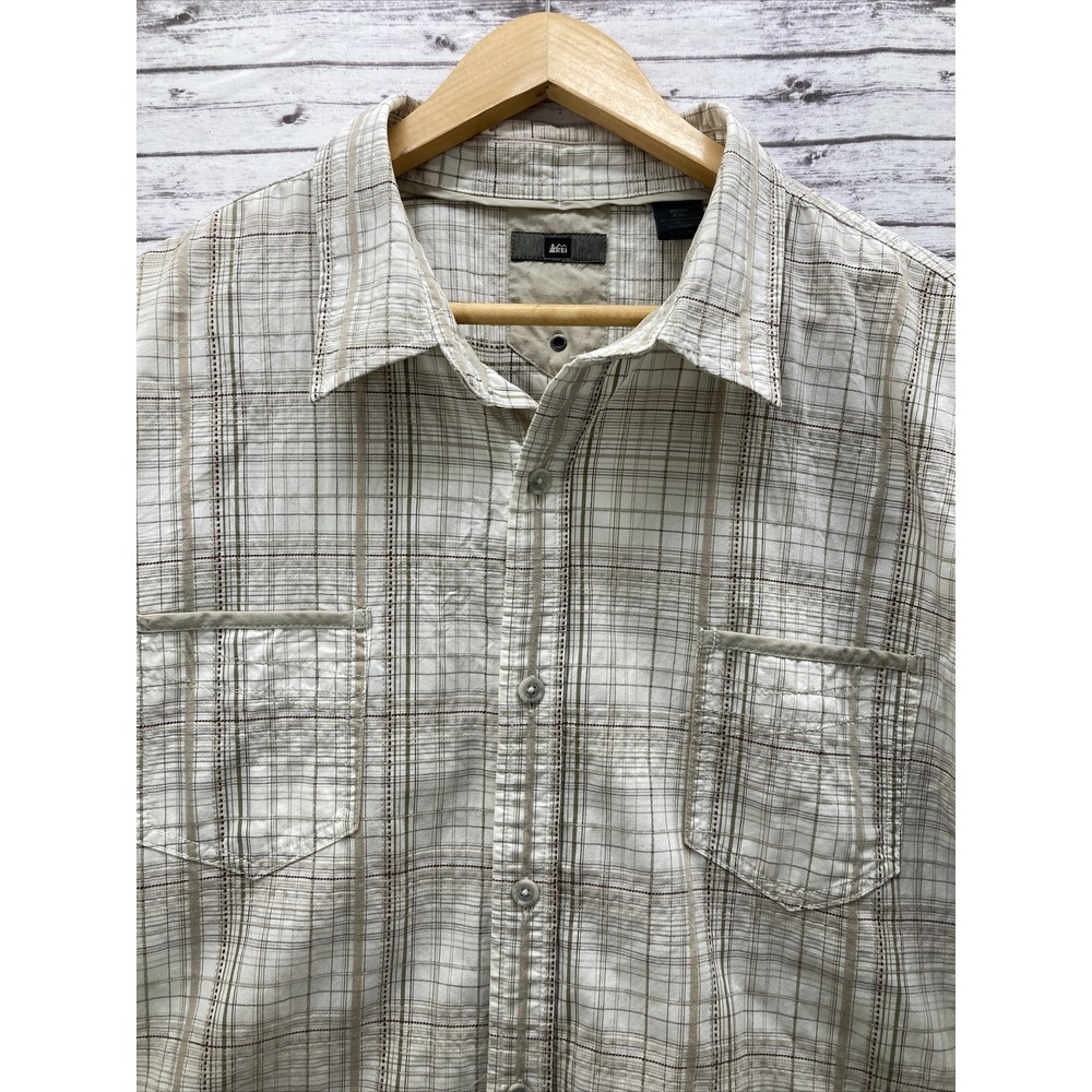 REI CO-OP Beige plaid short sleeve shirt men Sz 2XL Organic Cotton Outdoors READ